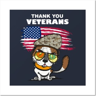 Funny Army Cat Thank You Veterans For Service US Flag Posters and Art